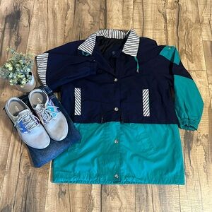 Vintage 90s Braetan Retro Green Blue Teal Windbreaker Coat Jacket Womens Medium